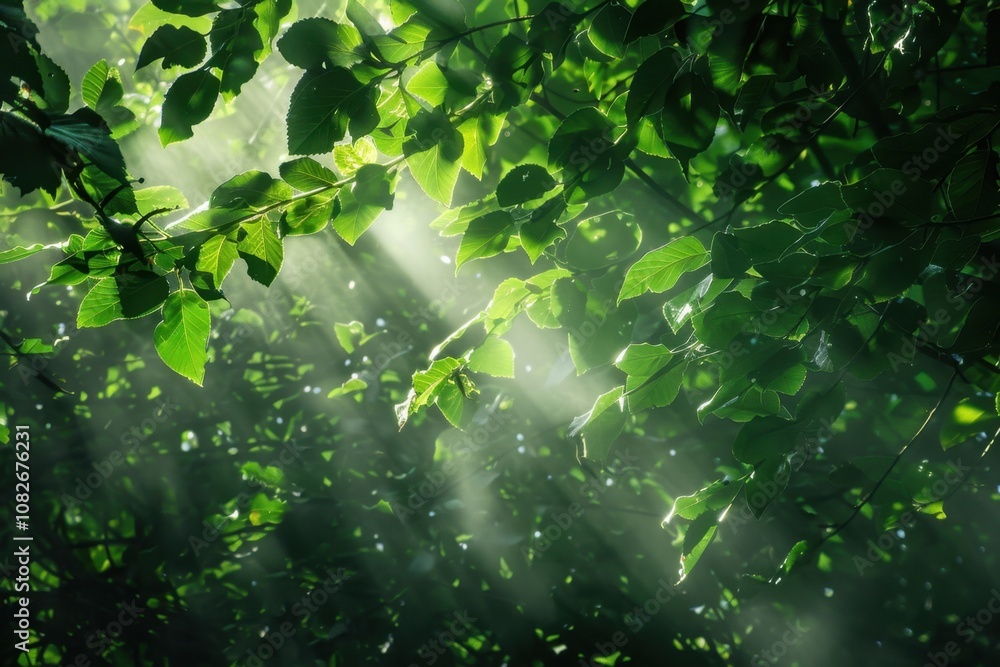 Poster looking up through lush green leaves in a vibrant forest canopy during a sunny afternoon, sunlight f