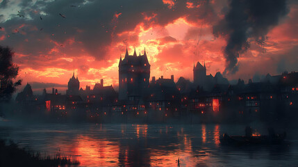 Illustration - Medieval Town on Fire at Sunset
