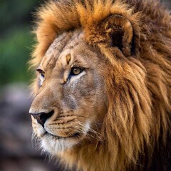 A close-up photo portrait of a lion in profile, deep focus on the curve of its nose and the texture...