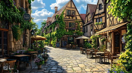 Fototapeta premium Illustration of Quaint European Village Street Cafe