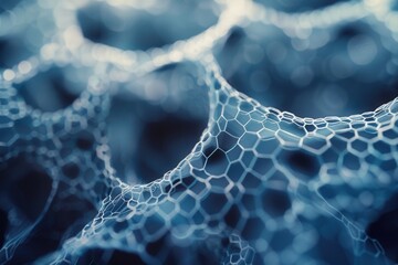 Close-up view of intricate blue hexagonal patterns resembling a honeycomb structure, showcasing fine details of textures and shapes under soft lighting