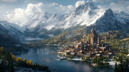 3D Illustration - Fantasy Castle Town by a Snowy Mountain Lake
