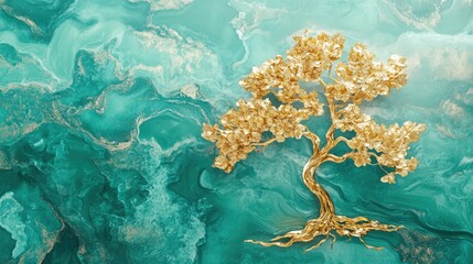Elegant Golden Tree Sculpture on Vibrant Teal Marble Background, Symbolizing Growth and Prosperity in Nature's Beauty and Artistic Design