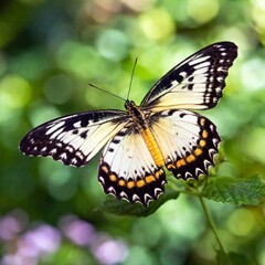 Fototapeta premium A macro photo of a butterfly with its wings partially open, soft focus creating a dreamy, ethereal backdrop, low angle shot making the butterfly appear majestic against the soft, blurred colors of its