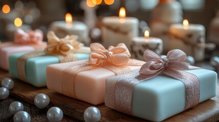 Beautifully wrapped gifts with candles creating a warm and festive atmosphere