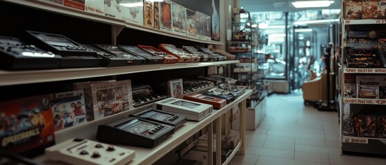 Store interior filled with vintage video game consoles and colorful game cartridges stacked on shelves.