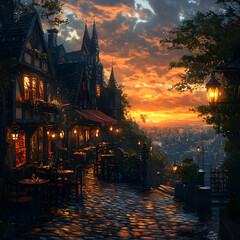 Illustration Cozy Cafe Cityscape Sunset Medieval Town