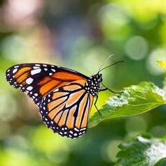 Fototapeta premium A macro photo of a butterfly with iridescent wings catching the light, soft focus creating a gentle blur of colors in the background, low angle shot that highlights the shimmering scales and the delic