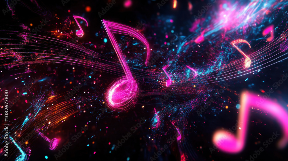Aufkleber vibrant music notes spiraling through cosmic space filled with colorful light. dynamic scene capture