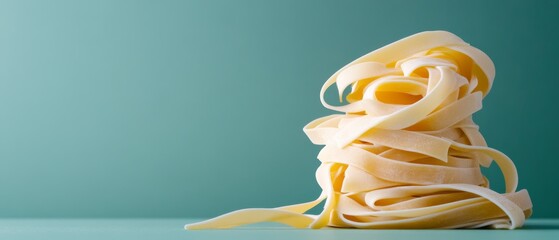 A stack of elegantly twisted fettuccine against a rich teal backdrop, conveying a sense of culinary simplicity and artisanal pasta craftsmanship.