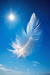 White feather floating in blue sky