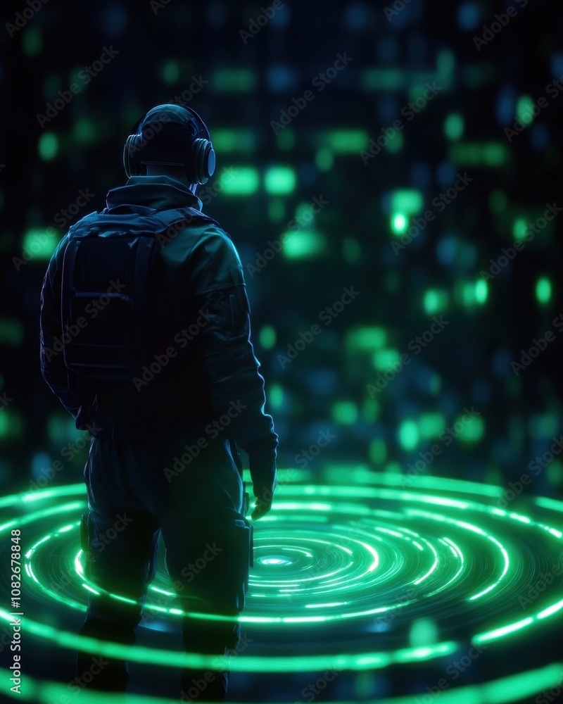 Aufkleber a silhouetted figure in a digital environment, surrounded by glowing green patterns, evokes a sense 