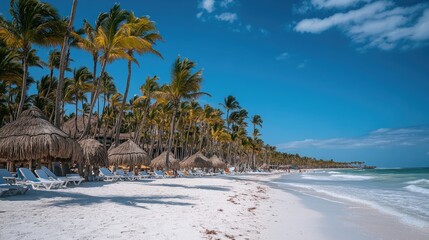 Dreamy Tropical Beach with Palm Trees, White Sand, and Turquoise Waters, Featuring Thatched-Roof Huts and Loungers, Perfect for Vacation and Travel-Themed Imagery