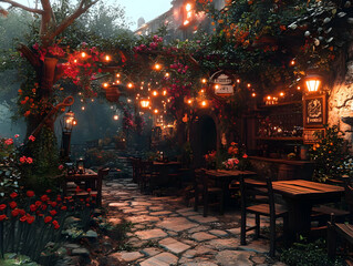 Obraz premium Illustration Cozy Tavern Garden, Warm Lighting, Flowers, Stone Path
