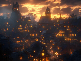 Naklejka premium Illustration of Medieval Town at Sunset with Glowing Windows