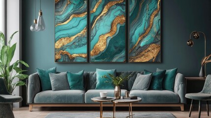 Obraz premium Stylish Living Room with Elegant Teal and Gold Abstract Art, Cozy Sofa, Lush Greenery, Modern Design Elements, and Warm Lighting for Homes and Interiors