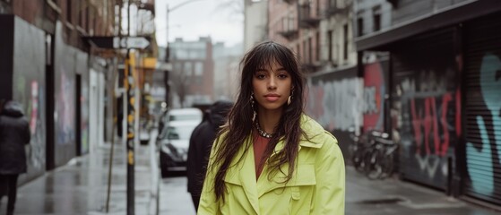 Fototapeta premium A woman in a lime green coat stands poised on a city street, surrounded by urban graffiti, showcasing bold style and individuality.