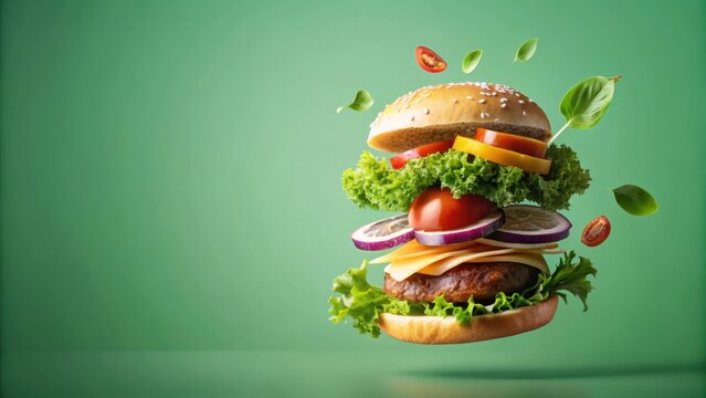 Minimalistic floating burger ingredients on green background for street food visual concept