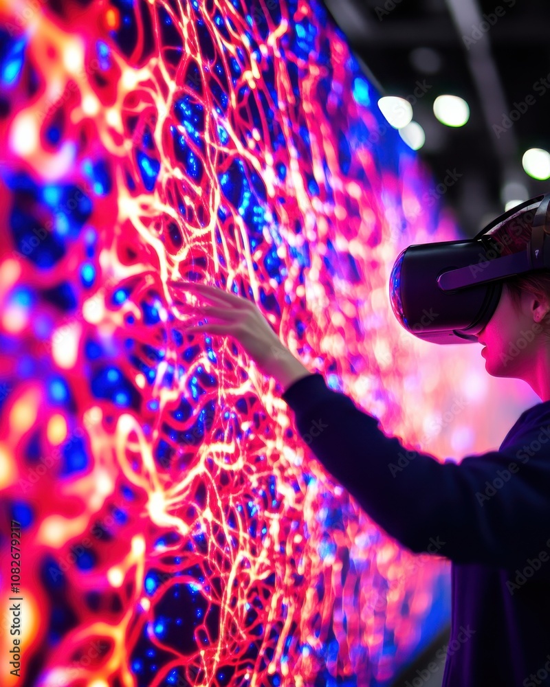 Aufkleber A person using a VR headset interacts with a colorful, illuminated display, showcasing innovative technology and immersive experiences.