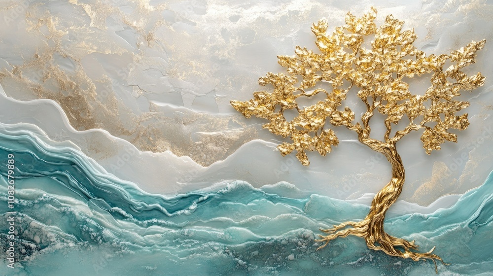 Poster elegant golden tree on vibrant ocean waves with abstract textures, artistic representation of nature