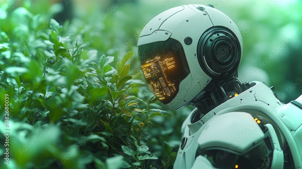 Aufkleber an android scans vegetation with a holographic device in a futuristic garden setting