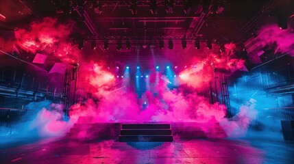 Empty stage with colorful lighting and smoke.