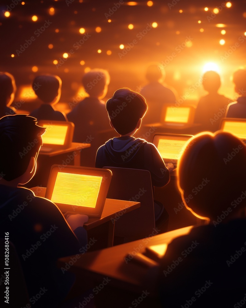 Aufkleber a digital illustration of students in a classroom, focused on their laptops, illuminated by warm, gl