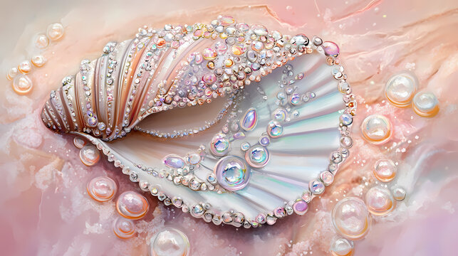 Exquisite sea shell adorned with pastel jewels on a soft pink background. Exquisite. Illustration