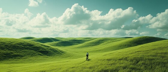 Fototapeta premium A cyclist in a vast emerald landscape pedals under a sky filled with fluffy clouds, epitomizing freedom and exploration.