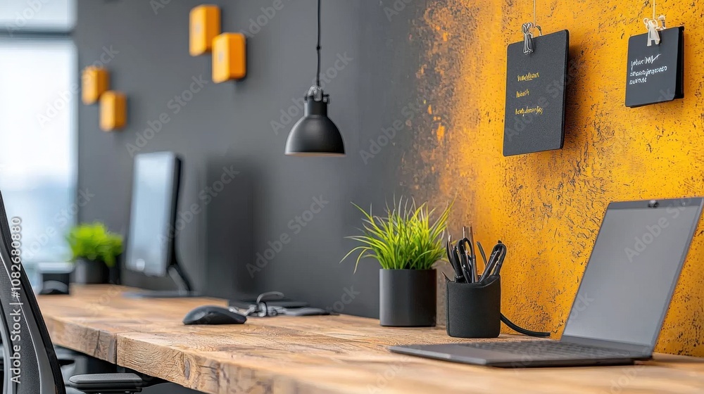 Poster enhancing productivity and wellbeing modern office workspace design inviting environment calm aesthe