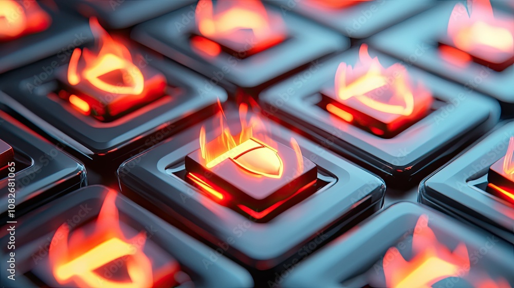 Poster glowing keyboard keys with fiery flames, digital technology background for cyber security and innova