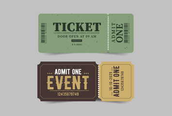 Admit one ticket design template: concert and festival events, and movie theater coupons.