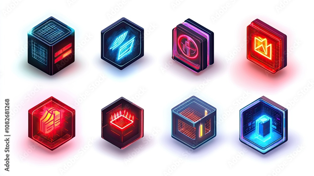 Poster vibrant collection of neon icons representing digital technology elements and data interfaces for cr