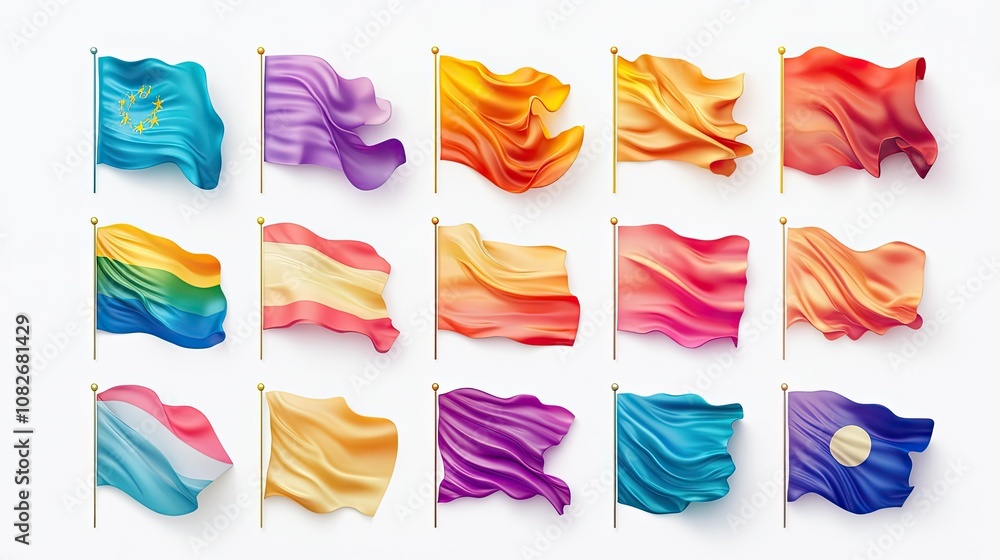 Poster colorful collection of waving flags featuring various designs and patterns representing unity, diver