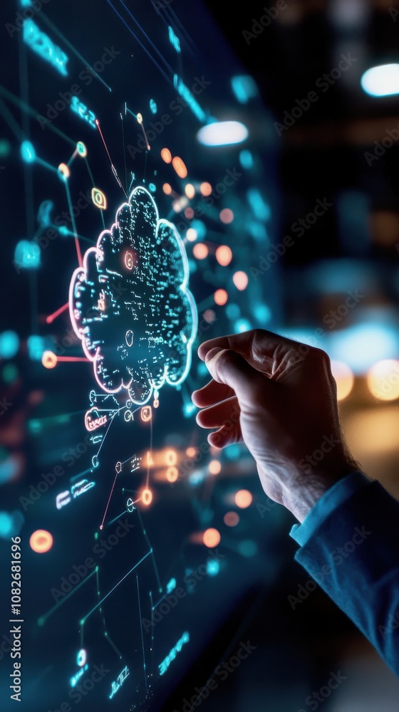 Aufkleber a hand interacts with a digital brain interface, showcasing advanced technology and data analytics i