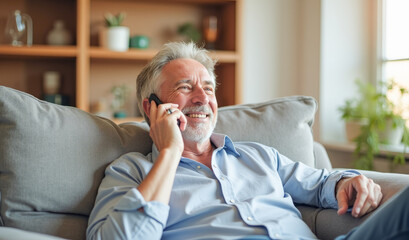 A happy elderly man is talking on the phone while sitting on the couch