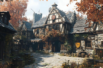 3D Medieval Town Illustration Autumn Day Stone Road