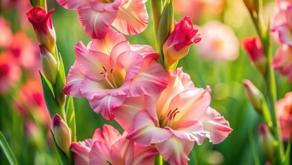 Up close view of serene gladiolus blooms unveiling delicate details in nature photography