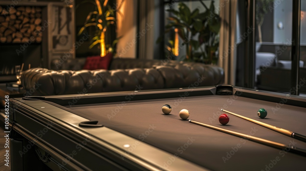 Poster an elegant billiards table in a stylish game room, billiard balls and cues precisely placed, modern 