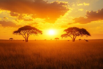 Obraz premium A vast African savanna bathed in warm sunset hues, stretching toward the horizon in a serene, open landscape