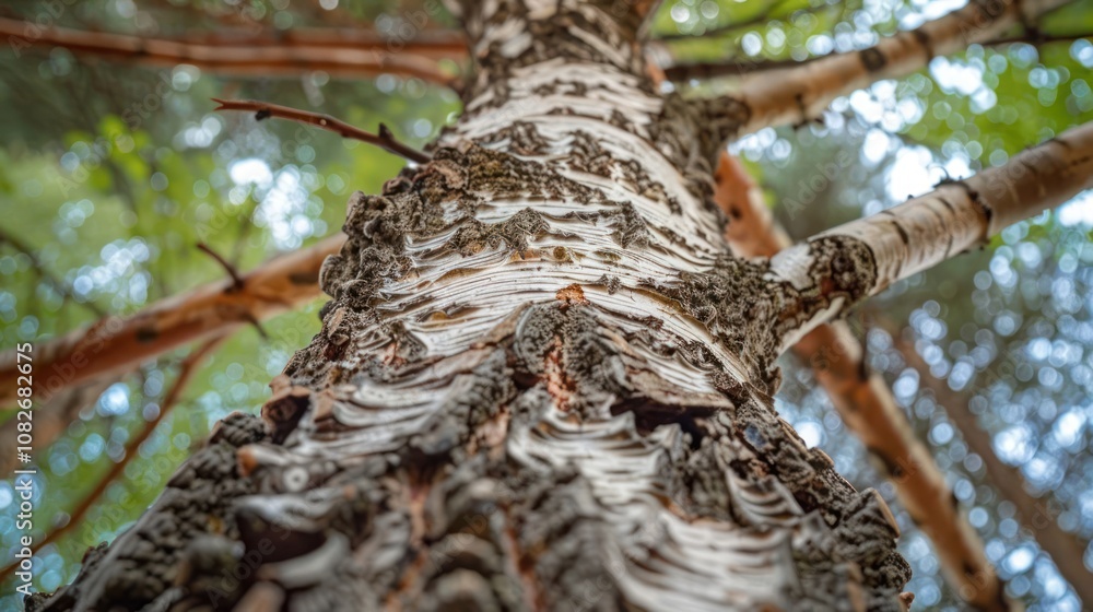 Poster a low angle view of a birch tree trunk with white bark, viewed from below. the bark is rough and tex