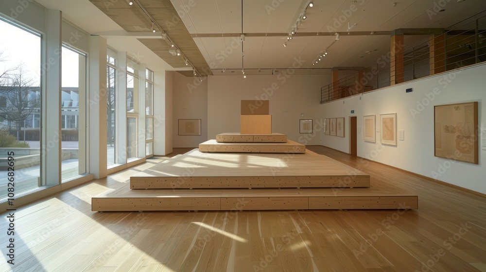 Poster modern art gallery with wooden platform display and large windows.
