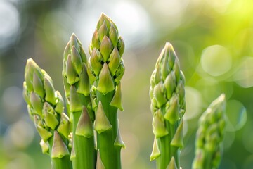 Fresh green asparagus is growing on a field with a blurred green background