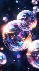 This abstract fantasy art piece features luminous bubbles suspended in space, each reflecting vibrant colors and casting a whimsical glow in a cosmic night setting