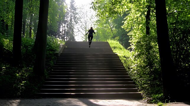 A person jumping up a flight of stairs, symbolizing energy, excitement, and seizing opportunities. 