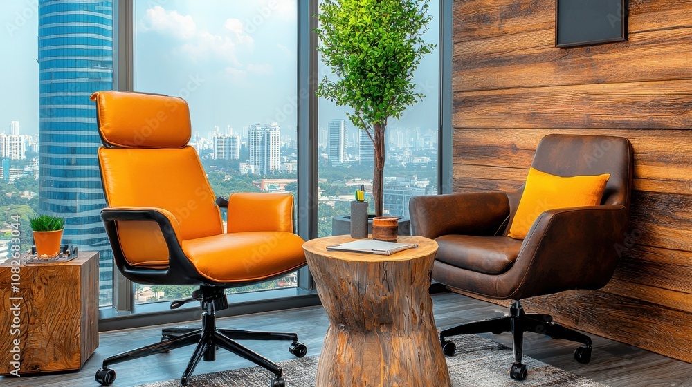 Aufkleber create inviting office lounge area modern workspace soft seating urban view natural elements
