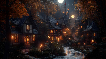 Illustration - Fantasy Village Night River Autumn Forest Moonlit