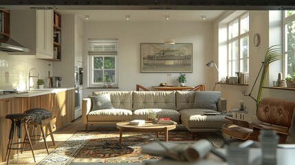 A modern living room with a comfortable couch, a coffee table, and a rug, with a kitchen in the background.