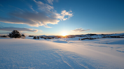Winter frozen landscape with snow at sunset. 