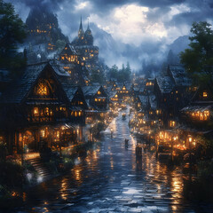 Fototapeta premium Illustration of a Rainy Medieval Village at Night